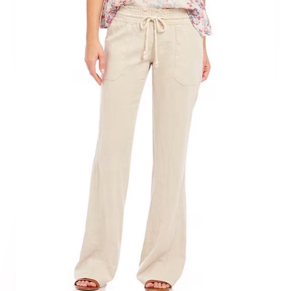 Roxy Oceanside Pants Khaki Beige Tan Loose Low Rise Cargo Linen Trouser Size XL - Picture 11 of 11